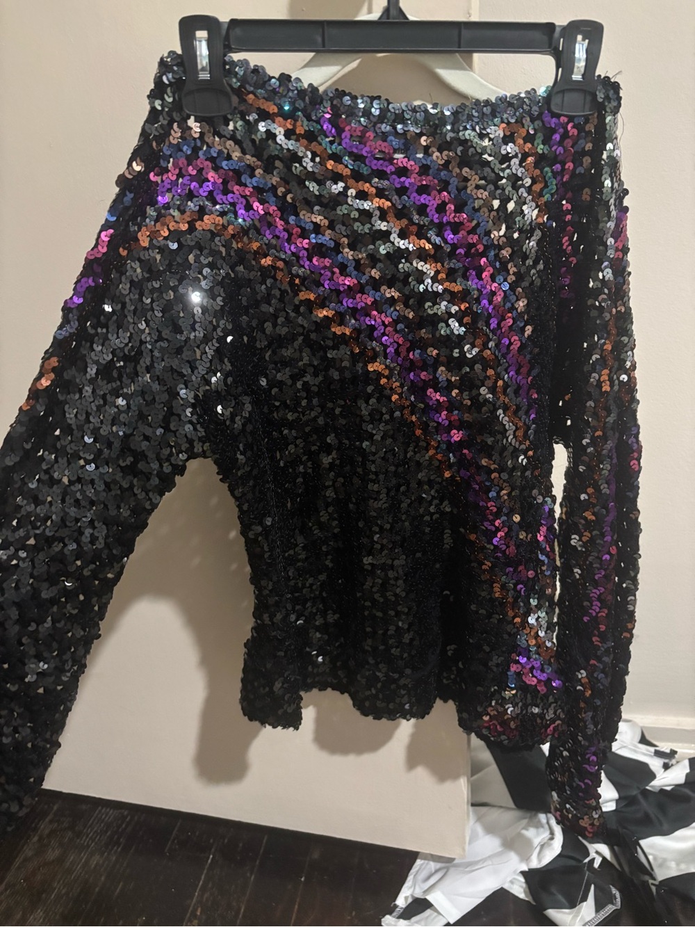 Black Sequin Sweater with Iridescent Stripe Accents